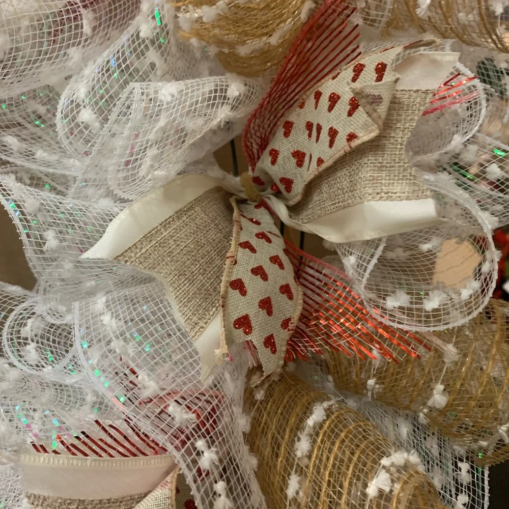 Festive White and Gold Holiday Wreath with Red Accents